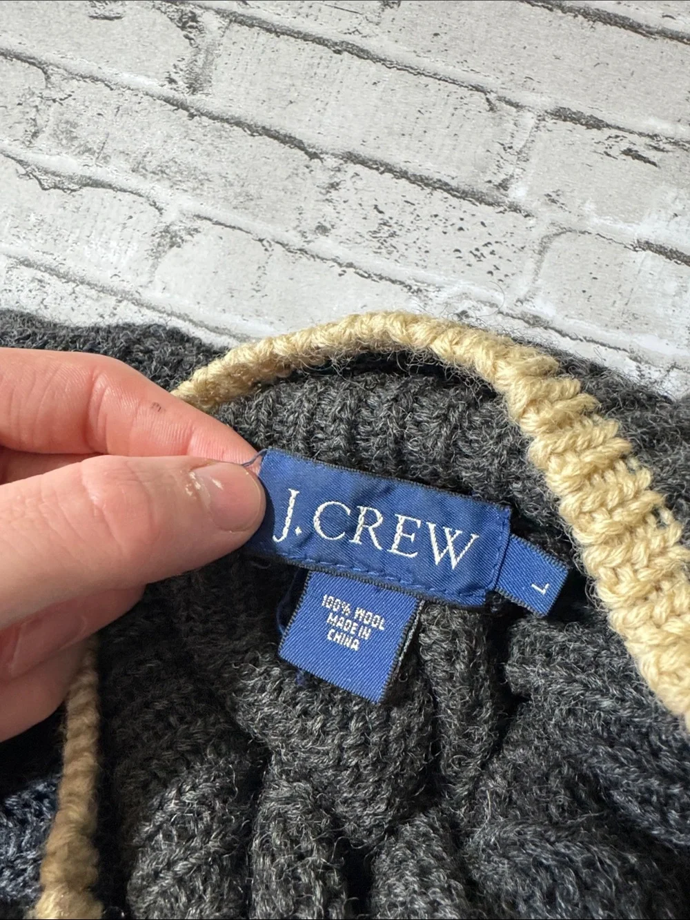 VINTAGE J. Crew L blue grey colorblock 100% wool turtleneck cable knit sweater